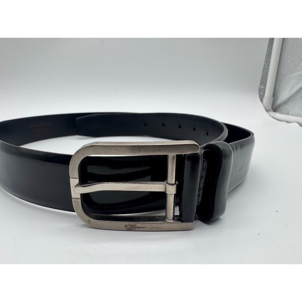 Salvatore Ferragamo Mens Black Patent Leather Belt Silver Buckle Size 34 Italy